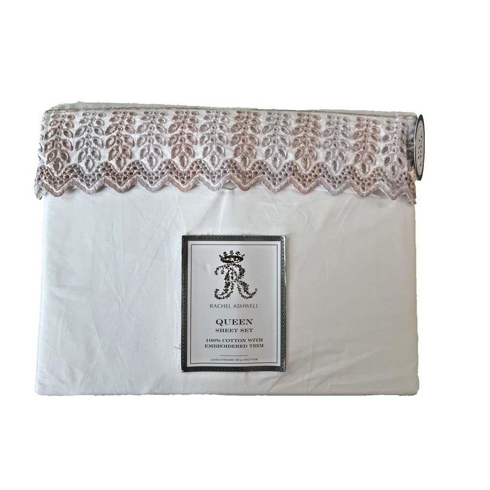 Rachel Ashwell Pink Embroidered Eyelet Hem QUEEN Sheet Set‎ White 100% Cotton